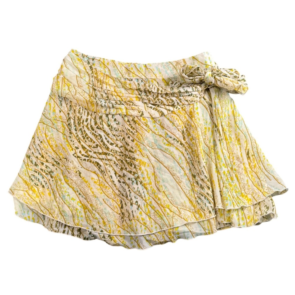 Japna Mini Skirt L Yellow Abstract Print Layered Side Tie Fairy Boho Ethereal